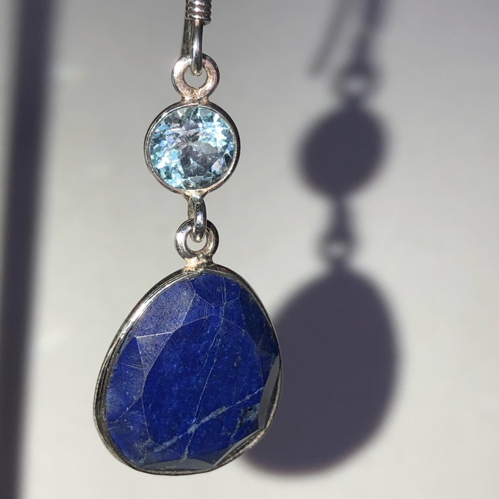 Faceted Lapis & Blue Topaz Gemstones in Sterling Silver Earrings - Picture 3 of 7